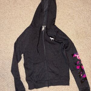 Victoria's Secret PINK Dark Charcoal Gray Zip Hoodie with Pink Accent